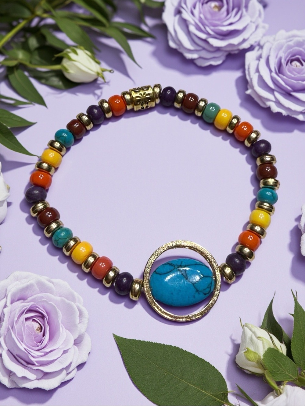 Hand Crafted Multicolor Beaded Bracelet with Turquoise Center
